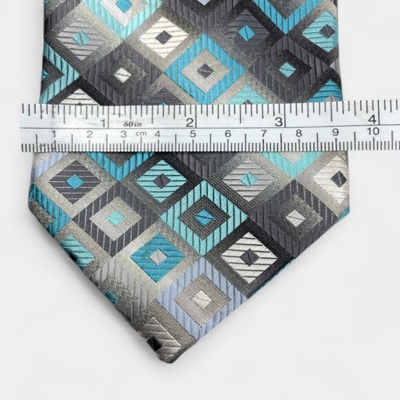 Croft & Barrow Tie Turquoise Silver Geometric Checker Formal Professional - Picture 6 of 6